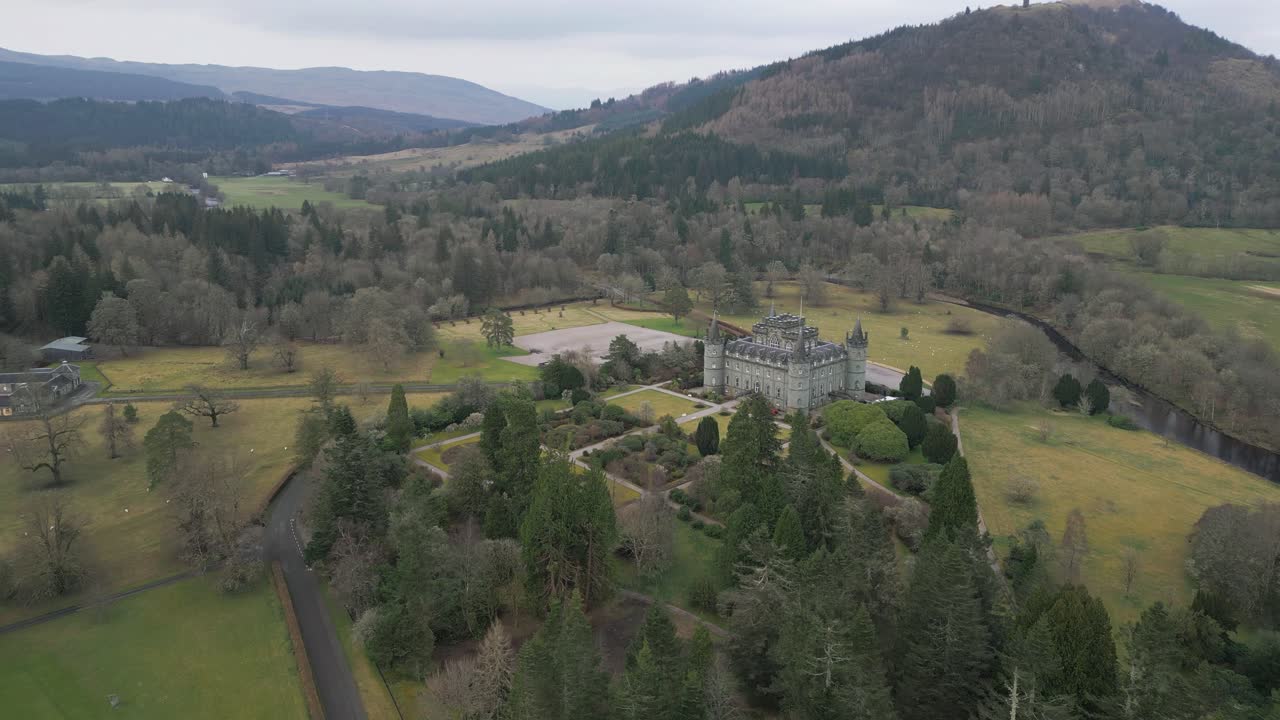 Grand Scottish Estate, Inveraray Castle Amid Verdant Hills from Above