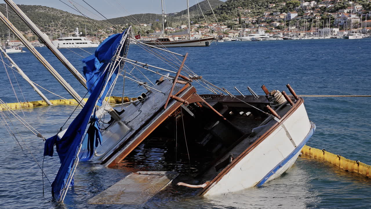 sunken yacht on the rocky coast in ithaca, greece