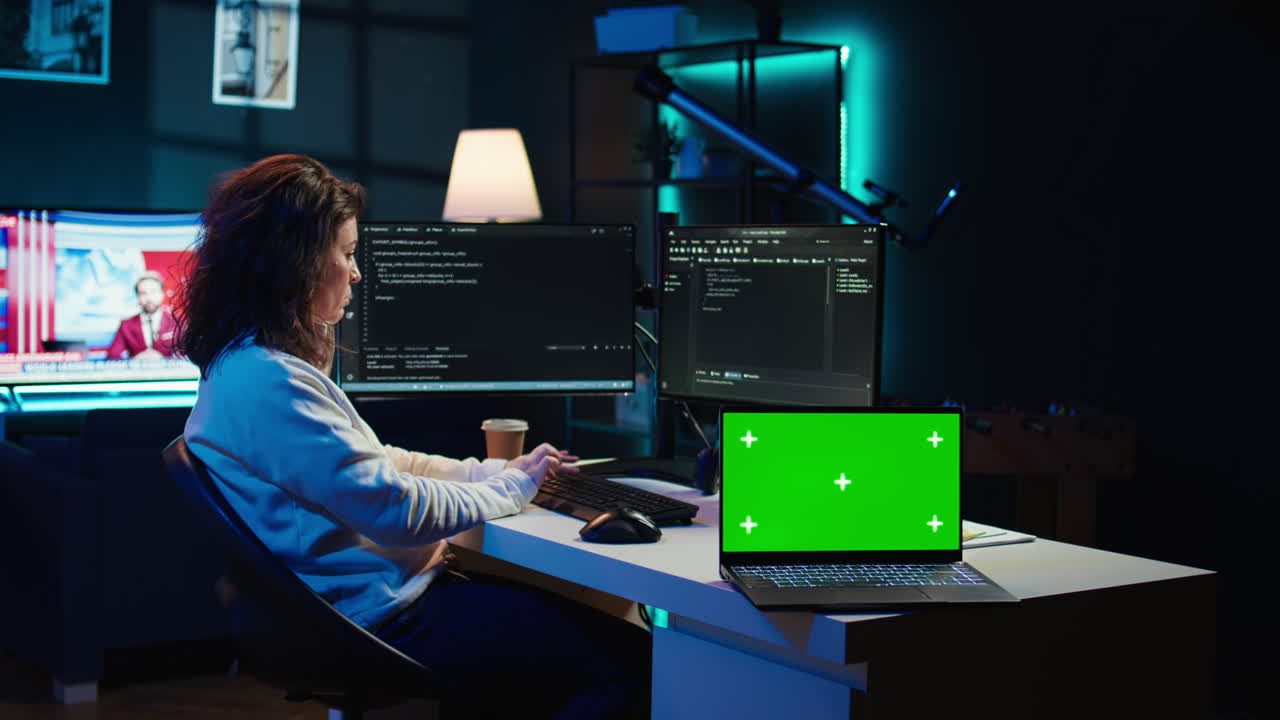 Admin using green screen laptop to implement security measures