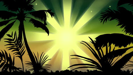 Animation-of-palm-trees-and-green-shooting-star-on-green-background