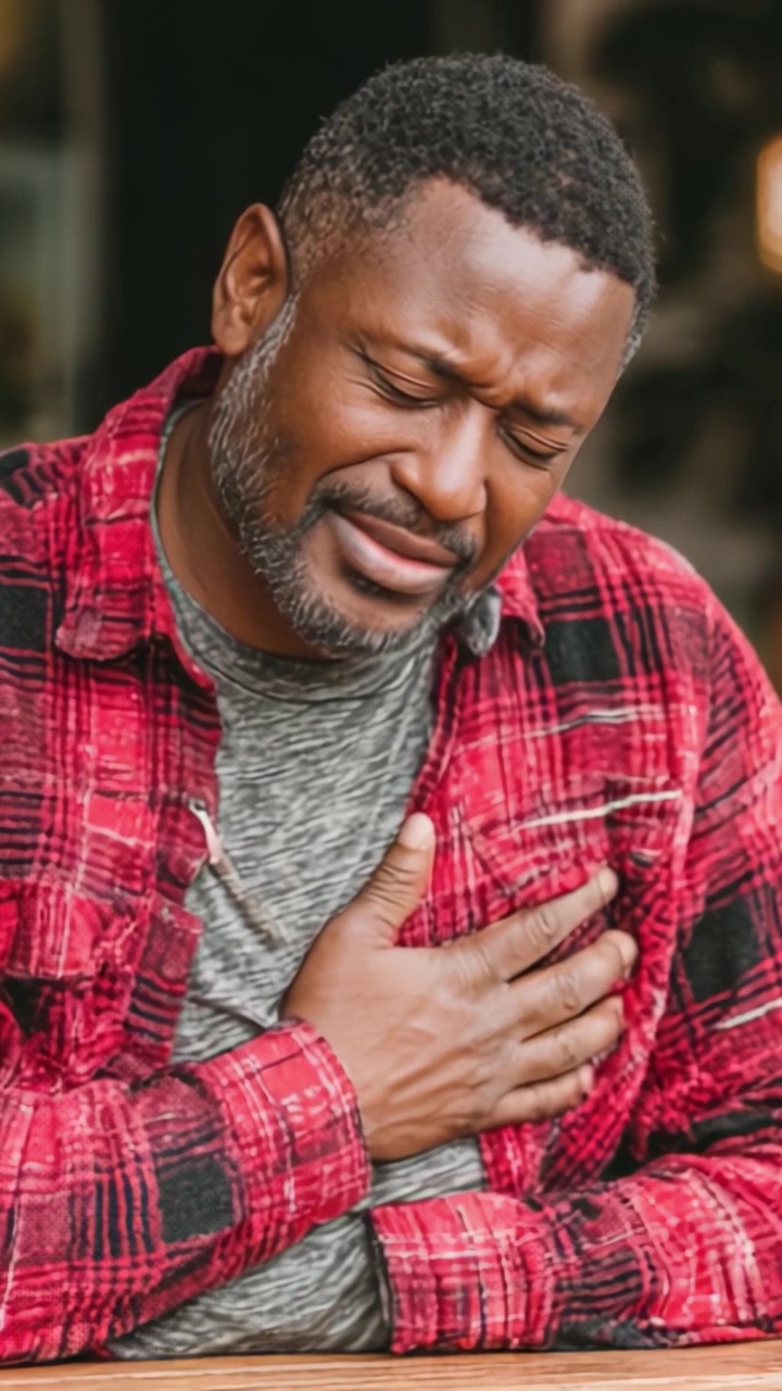 A man experiencing discomfort, holding his chest in a moment of distress, showcasing the seriousness of health concerns that impact everyday life.