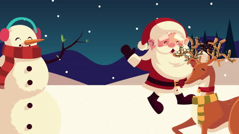 feliz animación de navidad con el pequeño papá noel en renos y muñeco de nieve