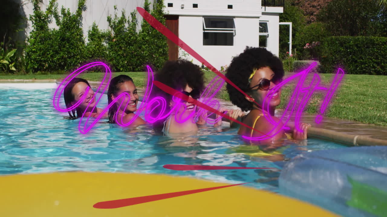 Women in swimming pool with Indie XO animation text in pink over scene