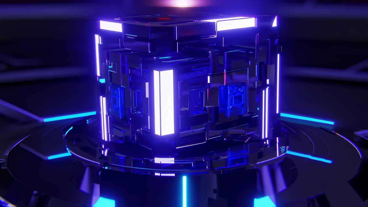 Futuristic glass cube with intricate internal structures rotates slowly on a circular platform, illuminated by glowing lights, creating a mesmerizing technological display