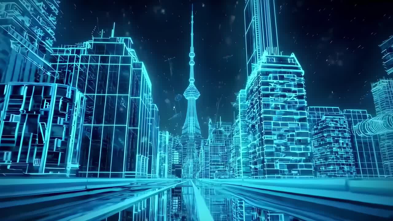 低いアングルから捉えた、ネオンラインが走る未来都市の動画