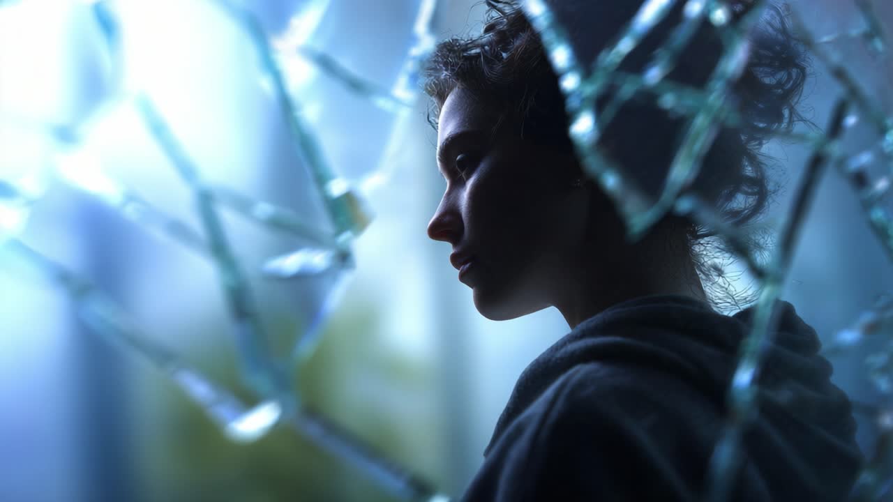 A Thoughtful Young Individual Framed by Shattered Glass, Capturing Introspection and Depth in a Mysterious Atmosphere, Evoking Emotions and Curiosity