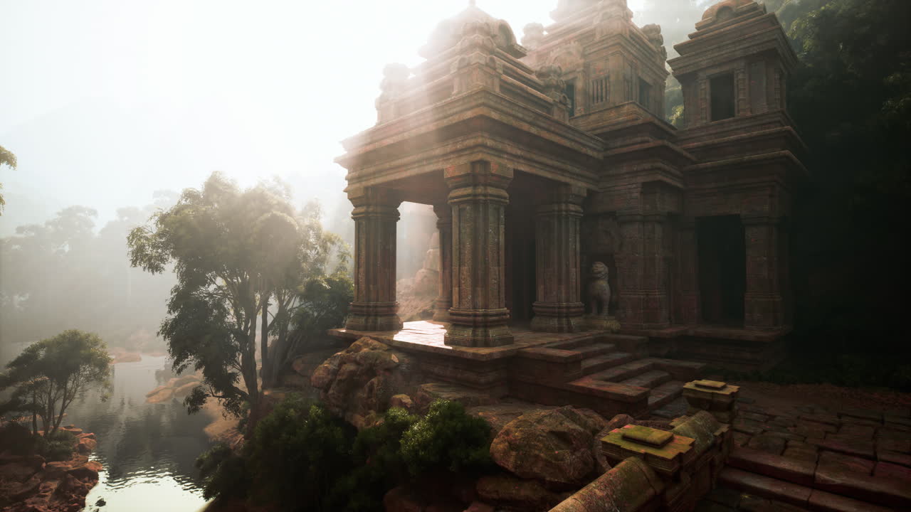 Foggy landscape with ancient cambodian temple and pond