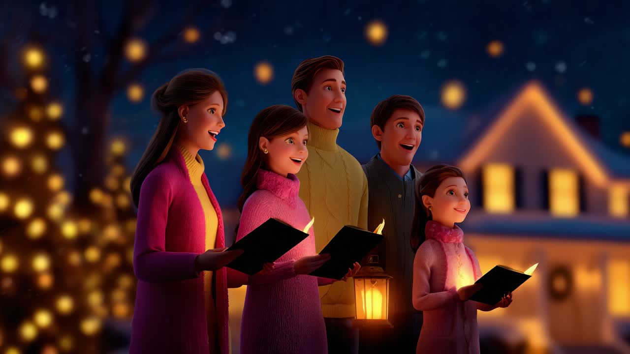 A Heartwarming Holiday Scene of a Group of Carollers in Festive Attire Gathering Together Under Starry Skies, Singing Joyful Songs with Lanterns and Twinkling Lights in the Background