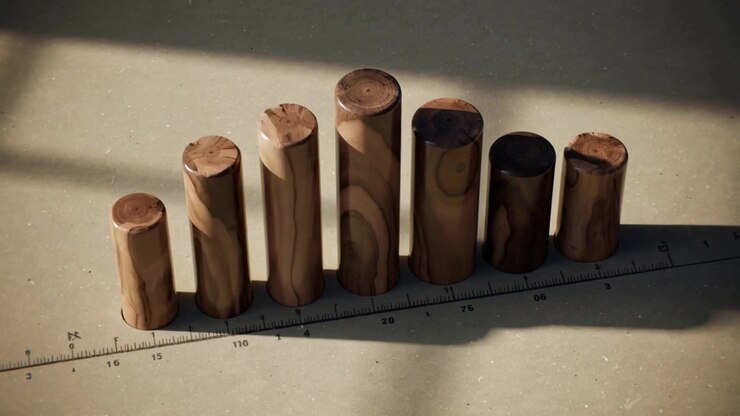 Lowering camera revealing seven wooden dowel blocks on table, ruler and window light showing grain