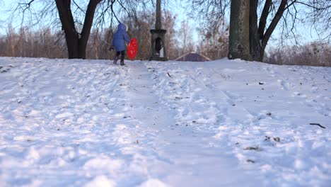 little girl goes downhill on an ice sled down the winter snow-covered hill