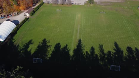 soccer field lines on real grass with goal nets surrounded by trees