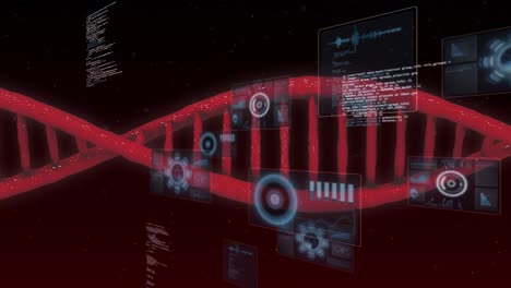 Animation-of-dna-strand-spinning,-scopes-and-data-processing-on-black-background