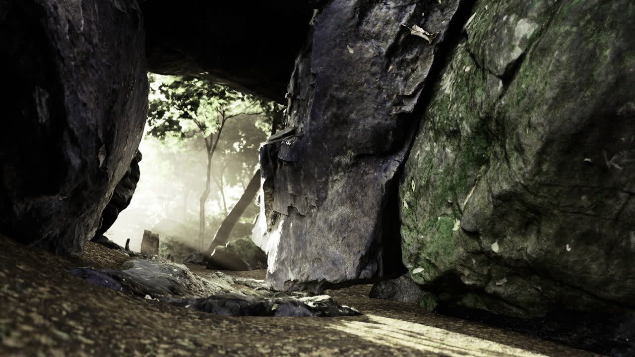 Light filtering through a rocky cave entrance surrounded by trees in nature