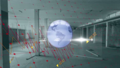 Animation-Von-Daten,-Diagrammen-Mit-Gittern,-Die-Sich-Auf-Einem-Rotierenden-Globus-Gegen-Das-Gebäudeinnere-Bewegen