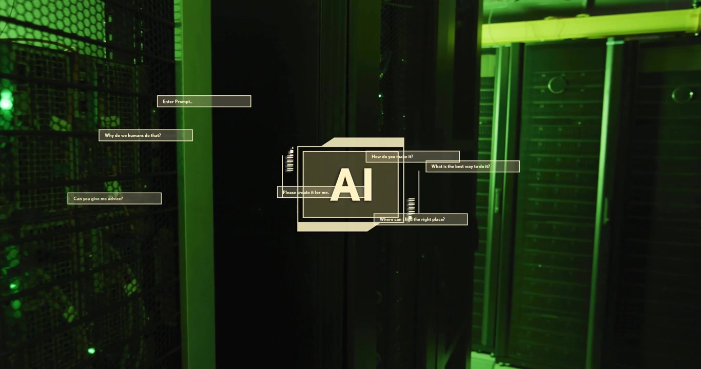 Artificial Intelligence Interface Overlaid on Server Room Infrastructure