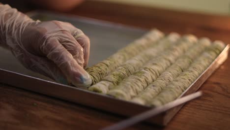 dessert stick rolls on a row prepared to