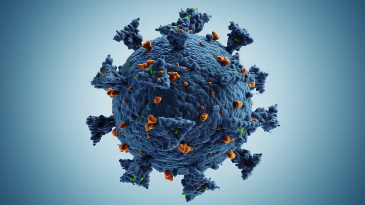 This clip explores the detailed structure of a virus using digital animation, highlighting its surface proteins and overall composition in a visually engaging manner for educational purposes.