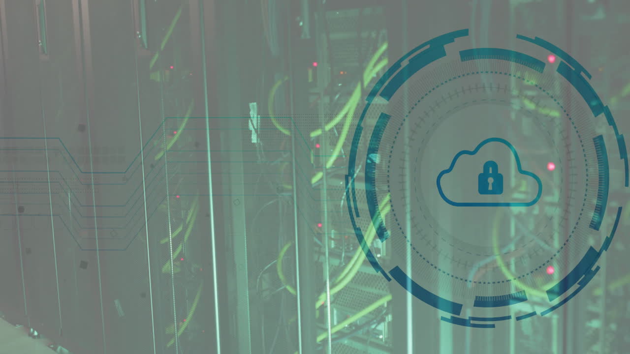 Animation of scope scanning with cloud and padlock icon over server room