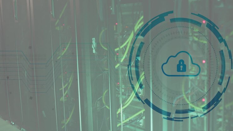 Animation of scope scanning with cloud and padlock icon over server room