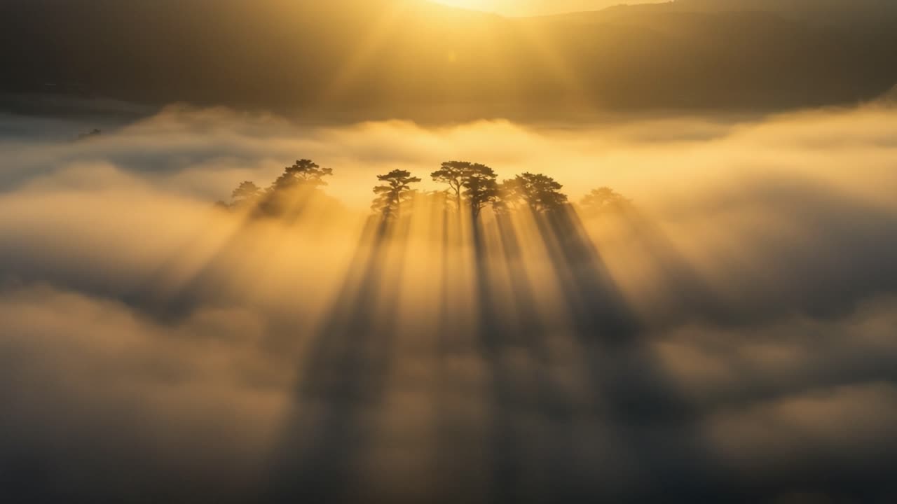 A Majestic Sunrise Illuminating Pine Trees Amidst a Dense Fog, Casting Long Shadows Over an Enigmatic Landscape Filled with Ethereal Light