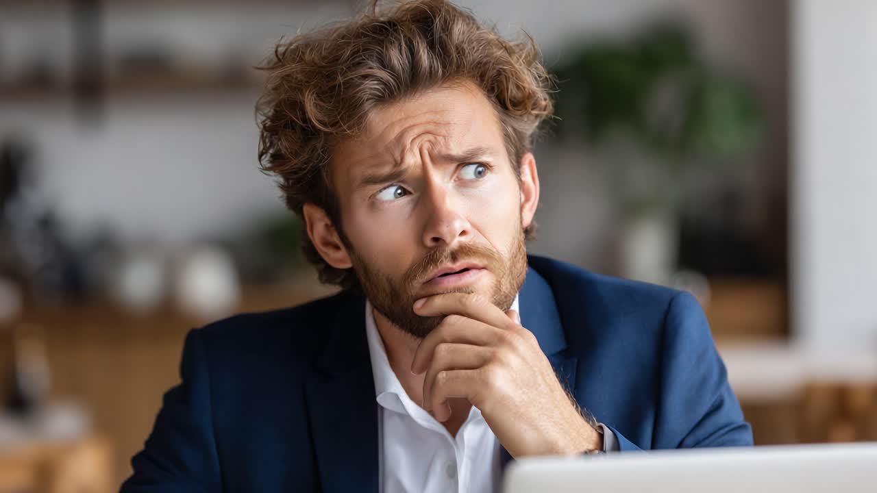A Pensive Moment: A Businessman in a Suit Contemplates His Thoughts During a Quiet Day at Work, Groaning with Confusion and Reflecting on Important Decisions Ahead