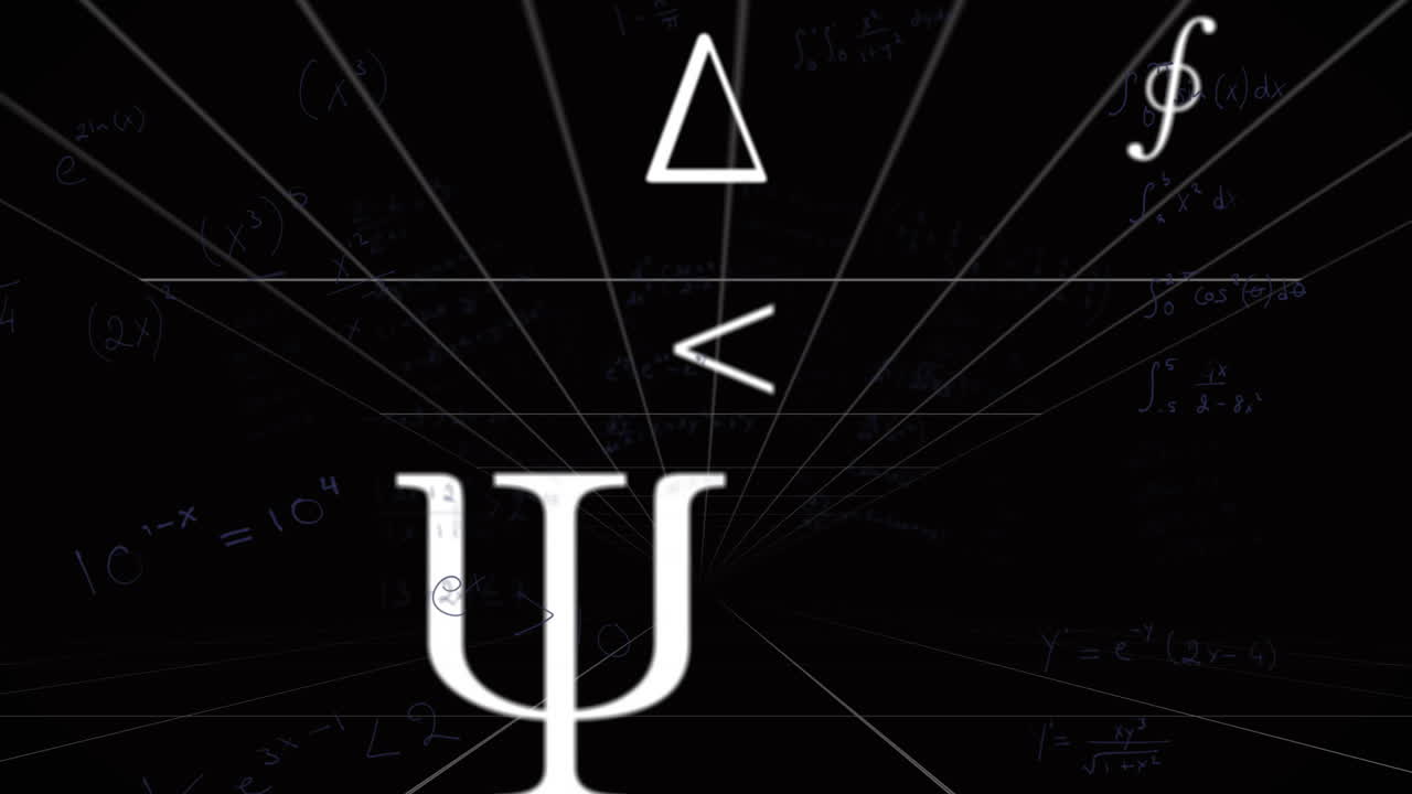 Animation of geometric shapes and mathematical symbols on dark grid background