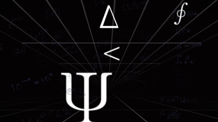 Animation of geometric shapes and mathematical symbols on dark grid background