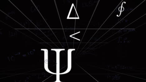 animation of geometric shapes and mathematical symbols on dark grid background