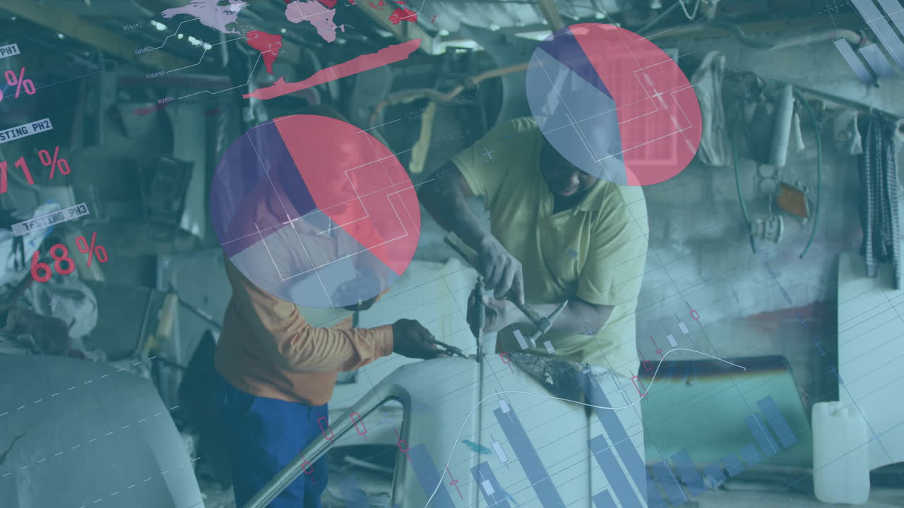 아프리카계 미국인 남성 자동차 메카닉이 자동차를 수리하는 데이터 처리의 애니메이션