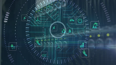 animación de iconos, patrón de placa de circuitos, líneas que forman círculos, panel trasero del rack del servidor