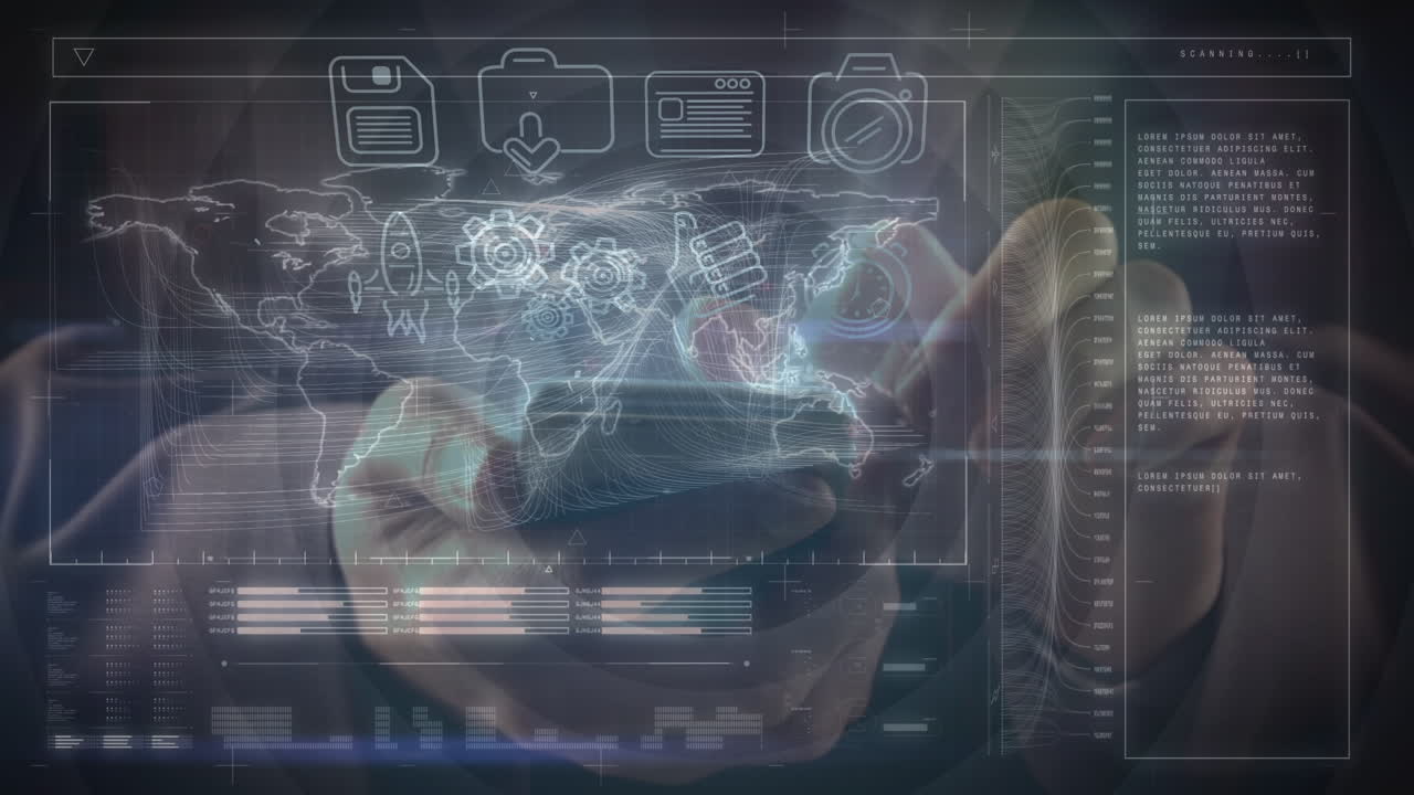 animación de procesamiento de datos e iconos y mapa del mundo sobre una mujer caucásica usando un teléfono inteligente