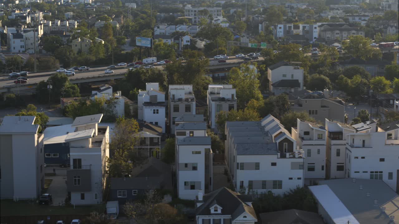 Drone view of newly built homes in Houston Third Ward area