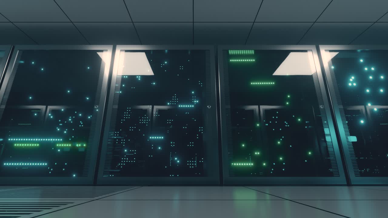 Modern Data Center Server Racks with Glowing Lights