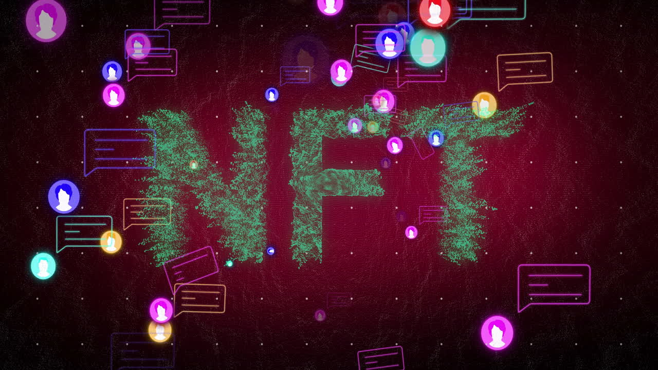 Colorful animation of social media icons and chat bubbles surrounding NFT text