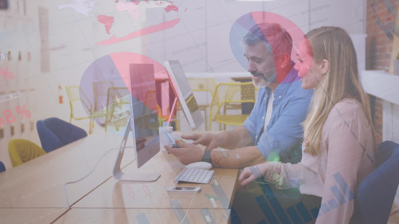 animación de procesamiento de datos estadísticos contra hombre y mujer caucásicos discutiendo en la oficina.