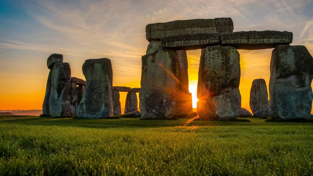 Vídeo do pôr do sol captura Stonehenge de um ângulo baixo, destacando sua silhueta antiga