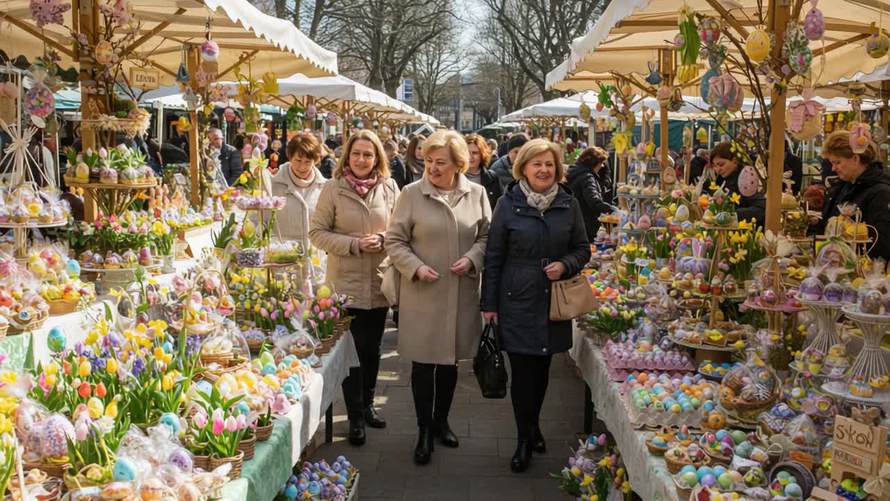 Exploring a Vibrant Marketplace Filled with Colorful Easter Decorations and Delightful Spring Flowers During a Seasonal Festivity Celebration