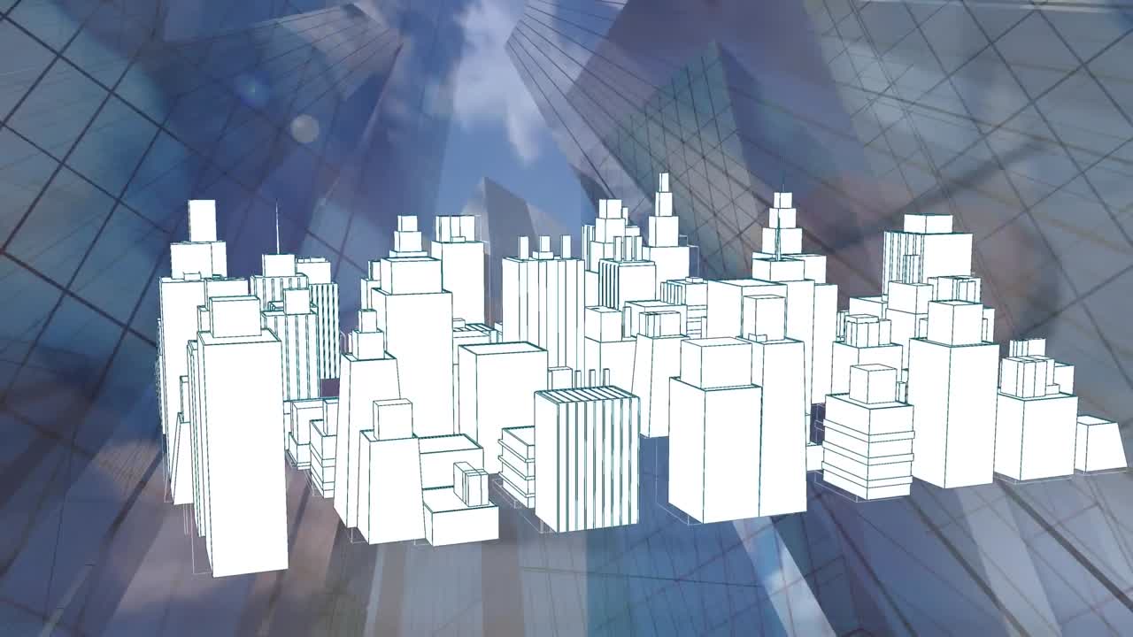 도시 풍경 위의 3d 도시 모델의 애니메이션