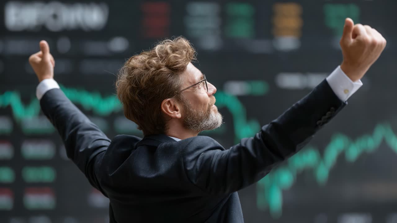 A Confident Businessman Celebrating Financial Success with Victoriously Raised Arms in Front of a Stock Market Display, Epitomizing Triumph and Achievement in Trading