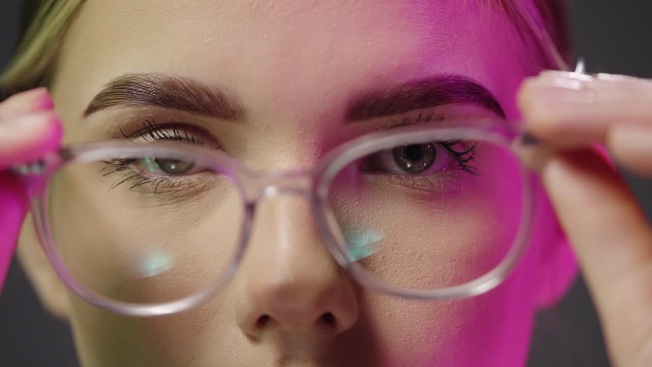 close up de una joven mujer bonita que usa gafas mientras mira neutralmente a la cámara y se quita las gafas con luz púrpura en su cara en cámara lenta