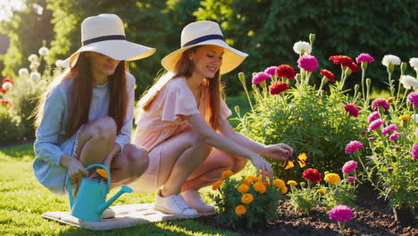 two women gardening in a flower garden on a sunny day