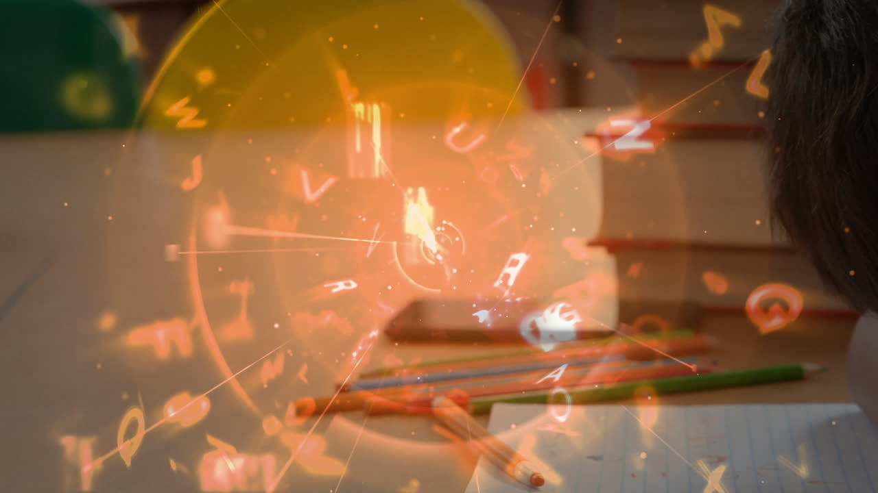 알파이 떠다니며 회전하는 백인 소년은 학교에서 수업에서 책상 위에 잠을 자고 있습니다.