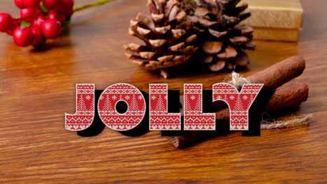 animation of jolly christmas text over decorations on wooden background