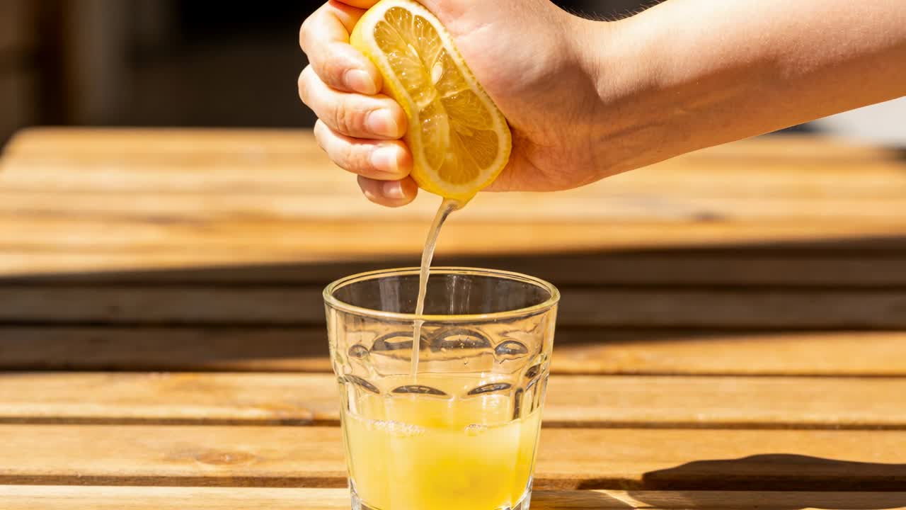 Una mano derecha exprime medio limón sobre un vaso bajo en una mesa de madera, añadiendo jugo al vaso.