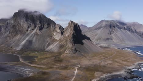 aerial of famous mountain formation krossanesfjall on hvalnes peninsula