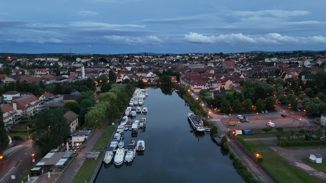 Port marina Saverne France drone,aerial Evening view