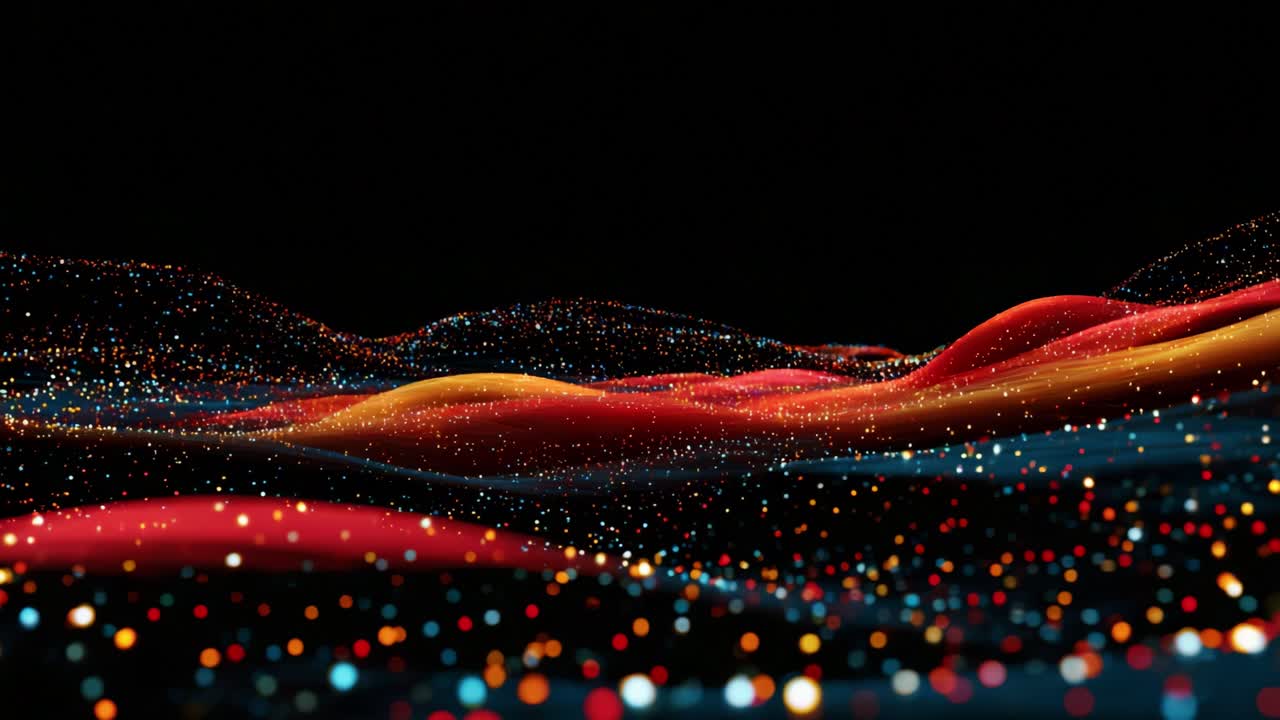 A mesmerizing visual journey through vibrant waves of light and color capturing the dynamic interplay between shimmering dots and flowing forms against a stark black backdrop