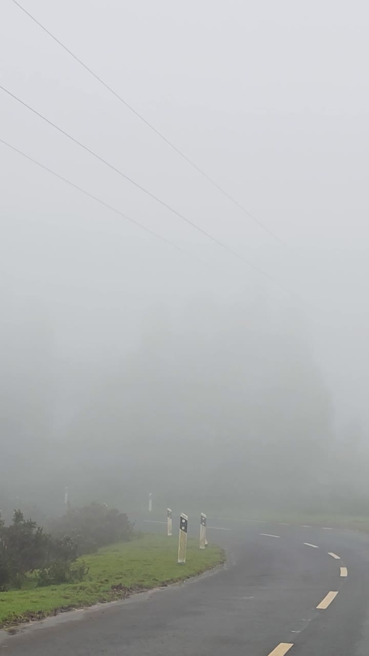 Névoa densa cobrindo estrada de montanha durante tempo tempestuoso na Madeira com baixa visibilidade, vento forte, atmosfera sombria e condições dramáticas criando imagens de viagem cinematográficas e tensas