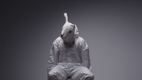 person wearing rabbit mask and hazmat suit