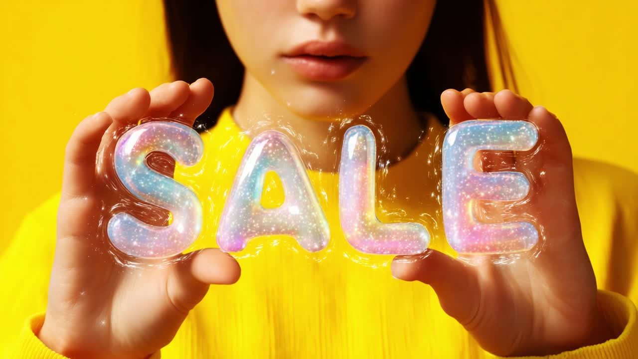 Vibrant and Eye-Catching Sale Promotion Featuring Colorful Lettering Held by a Model Against a Bright Yellow Background, Capturing Attention and Driving Engagement